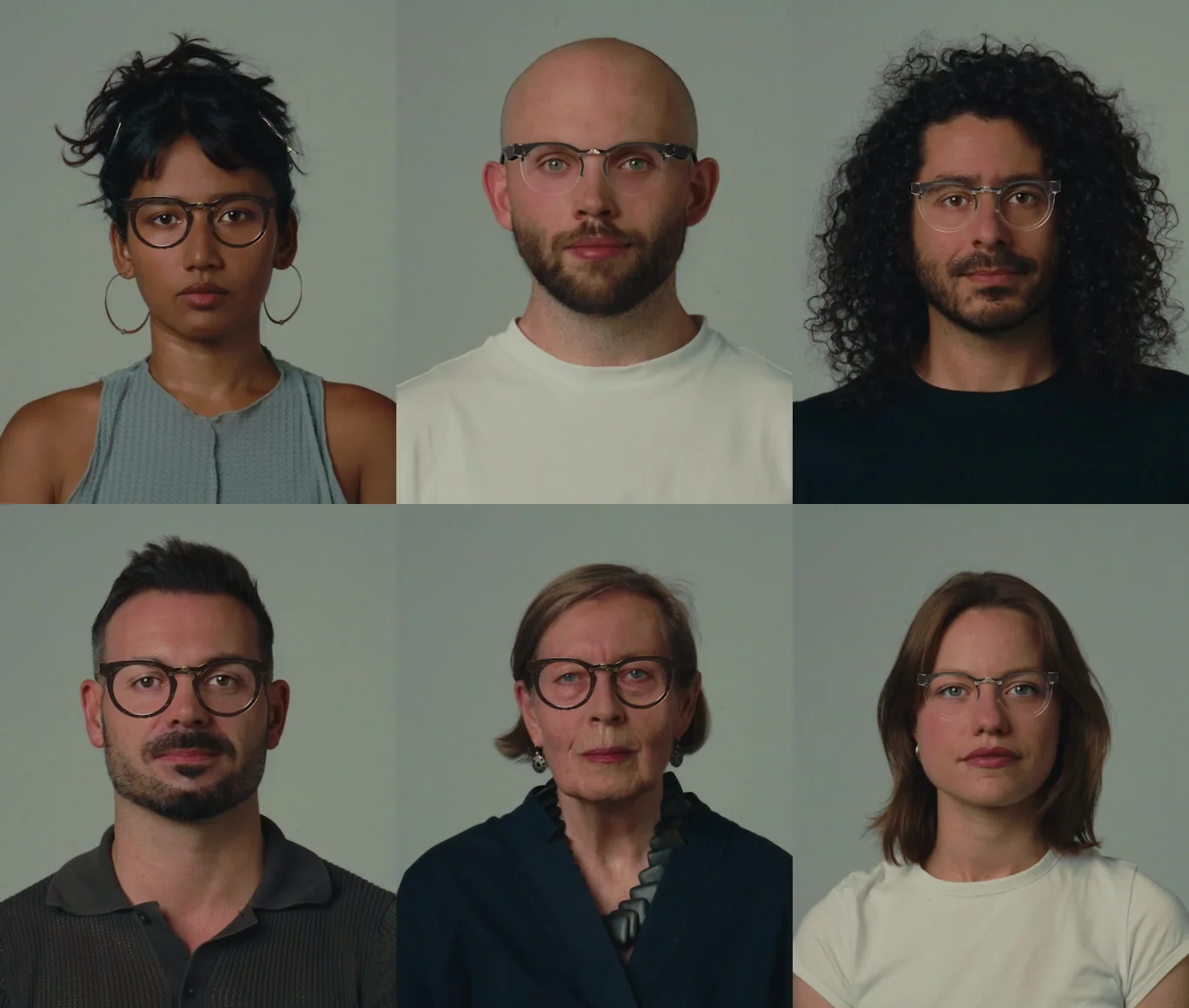Grid of portraits of six different people wearing the glasses