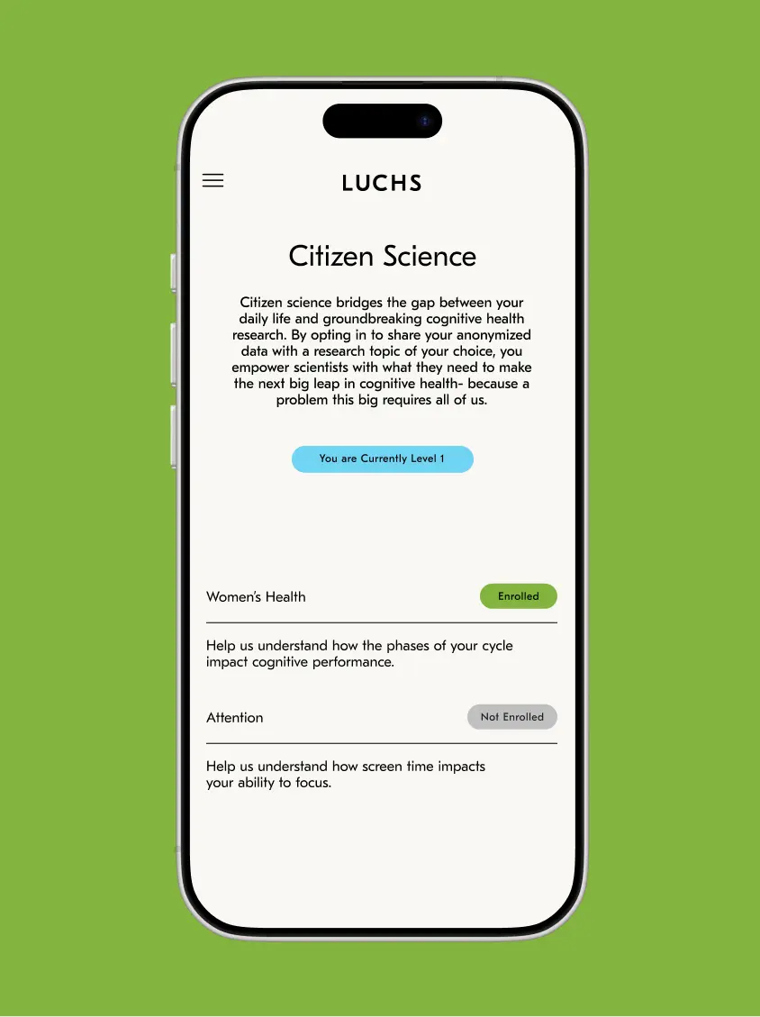 Luchs Citizen Science screen: two research studies users can opt into, one enrolled and one not